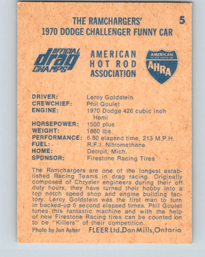 1971 Fleer AHRA Drag Champs #5 The Ramchargers  V10303