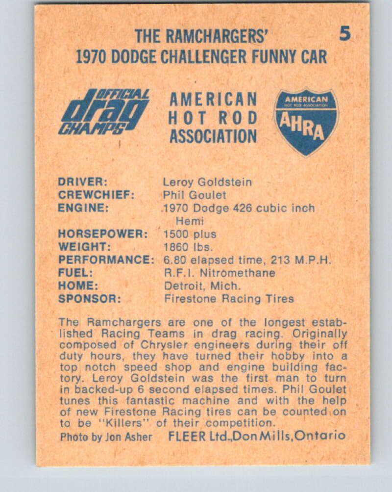 1971 Fleer AHRA Drag Champs #5 The Ramchargers  V10304
