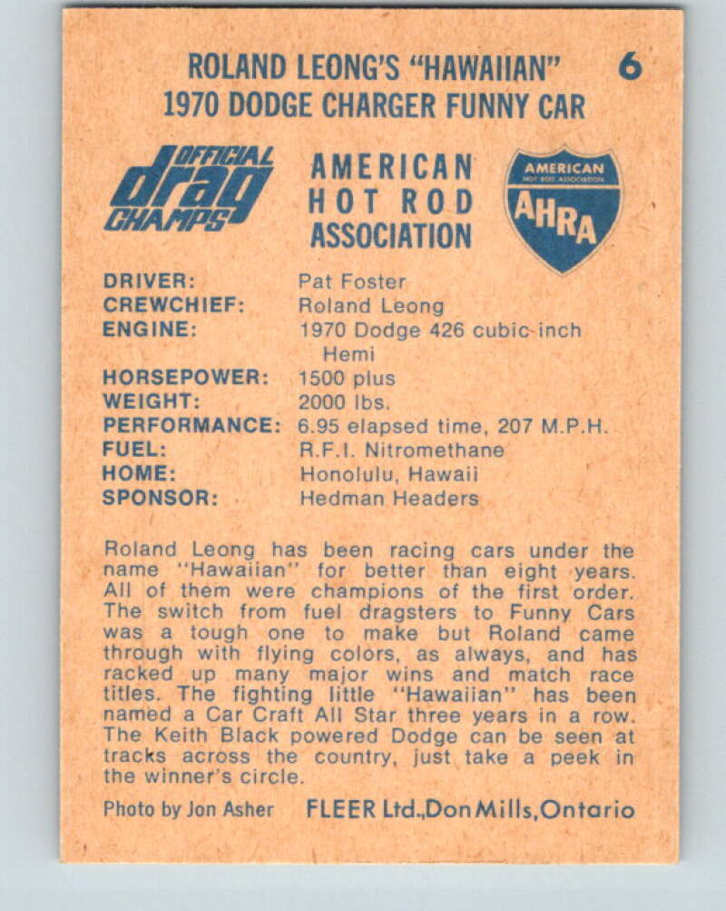 1971 Fleer AHRA Drag Champs #6 Roland Leong's Hawaiian  V10305