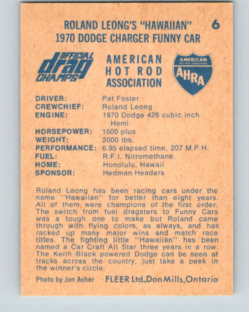 1971 Fleer AHRA Drag Champs #6 Roland Leong's Hawaiian  V10306