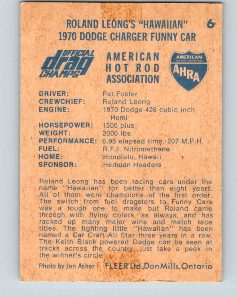 1971 Fleer AHRA Drag Champs #6 Roland Leong's Hawaiian  V10307