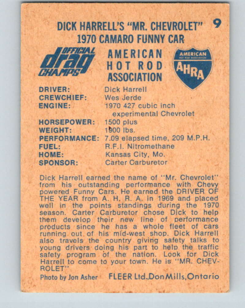 1971 Fleer AHRA Drag Champs #9 Deck Harrell's  V10308