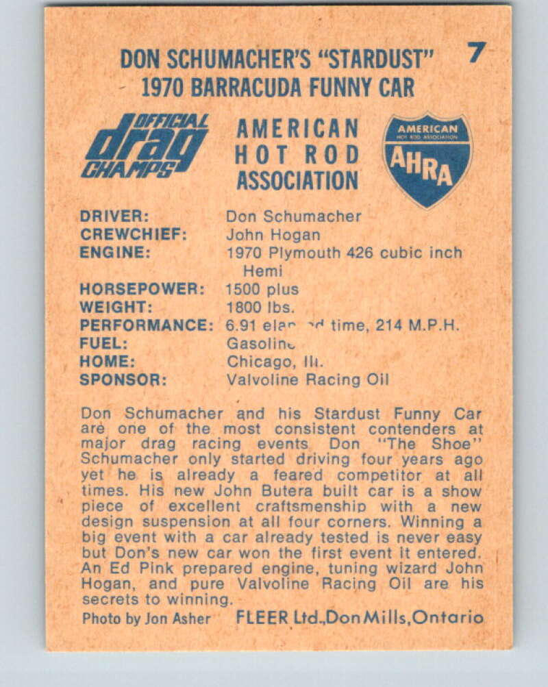 1971 Fleer AHRA Drag Champs #7 Don Schumachers Stardust  V10309