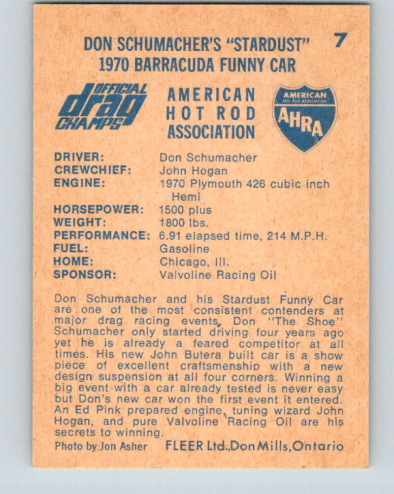 1971 Fleer AHRA Drag Champs #7 Don Schumachers Stardust  V10310