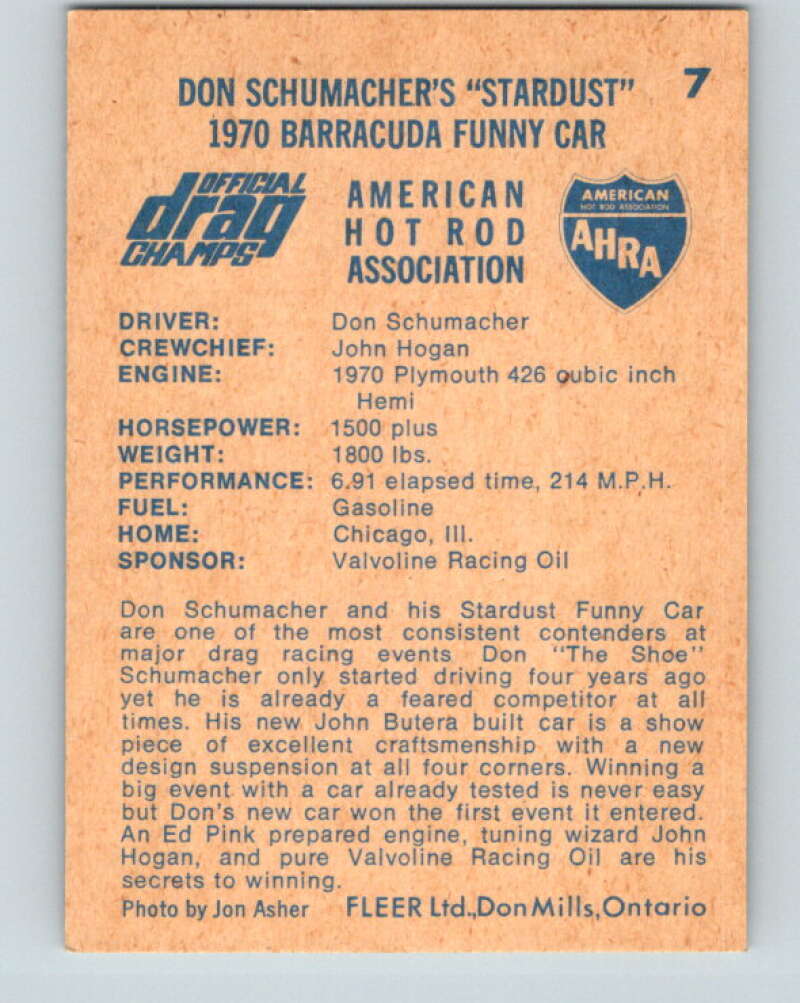1971 Fleer AHRA Drag Champs #7 Don Schumachers Stardust  V10311