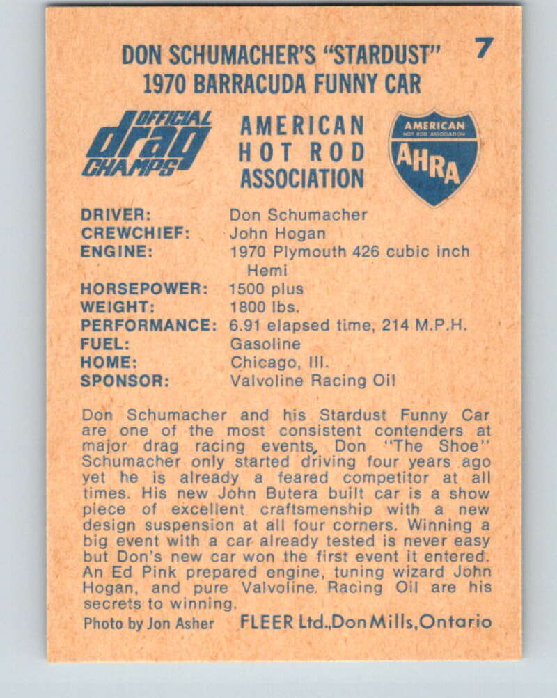 1971 Fleer AHRA Drag Champs #7 Don Schumachers Stardust  V10312