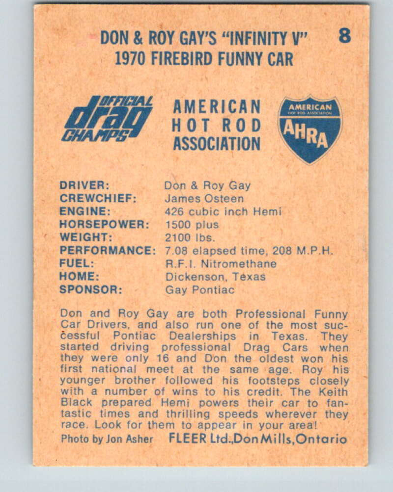 1971 Fleer AHRA Drag Champs #8 Don & Roy Gay's  V10313