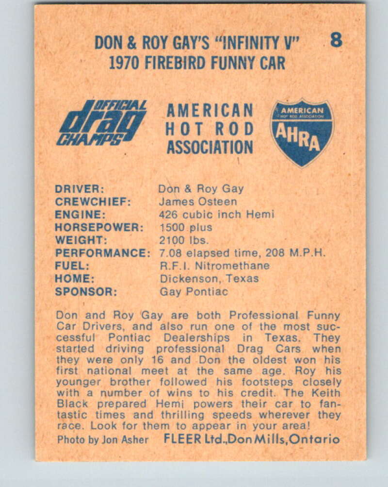 1971 Fleer AHRA Drag Champs #8 Don & Roy Gay's  V10314