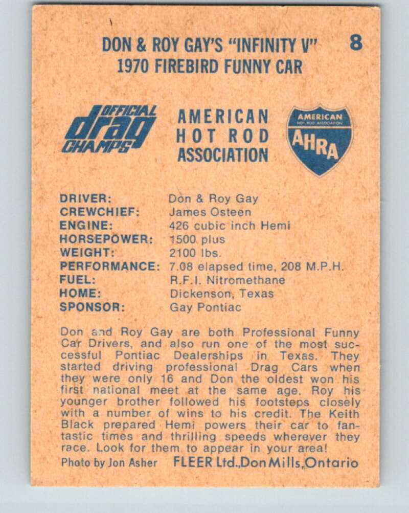 1971 Fleer AHRA Drag Champs #8 Don & Roy Gay's  V10315