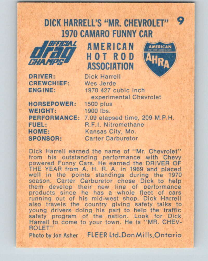 1971 Fleer AHRA Drag Champs #9 Deck Harrell's  V10316