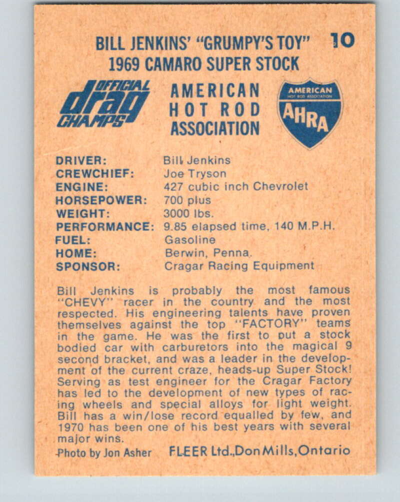 1971 Fleer AHRA Drag Champs #10 Bill Jenkins Grumpys Toy  V10317