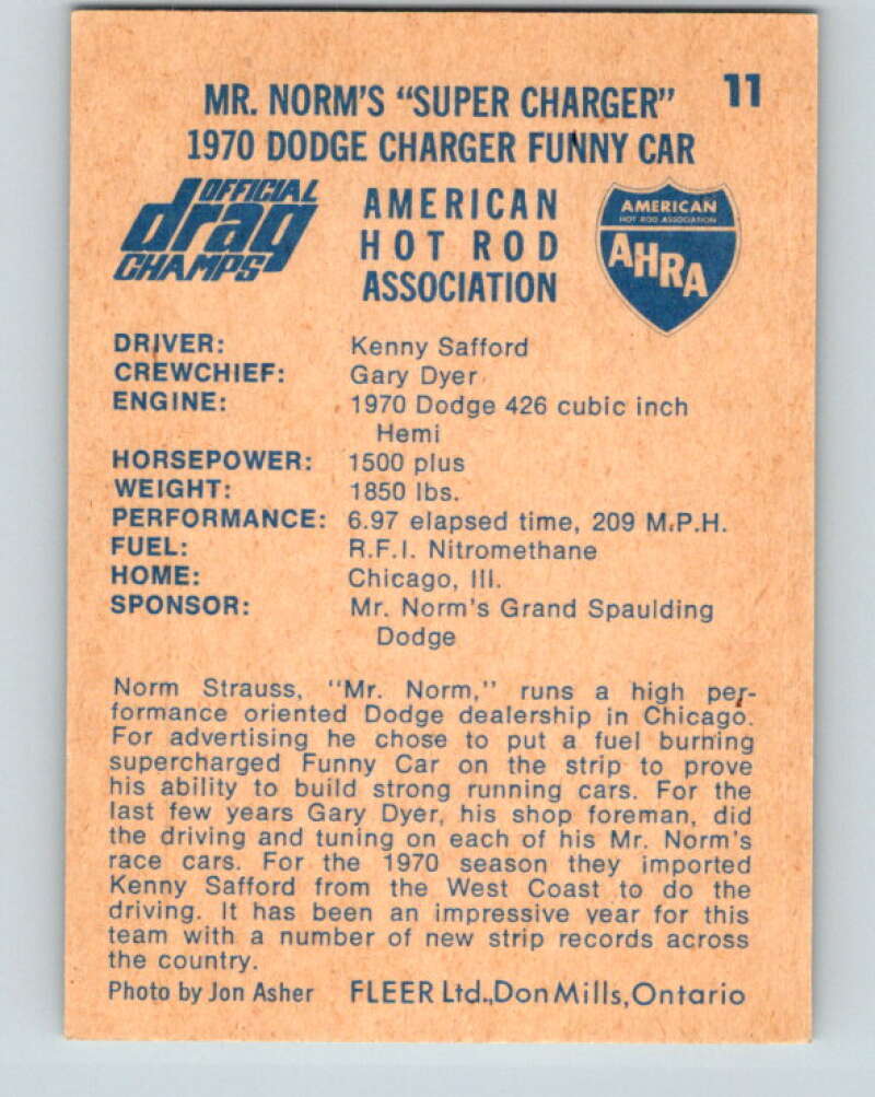 1971 Fleer AHRA Drag Champs #11 Mr.Norms Super Charger  V10318