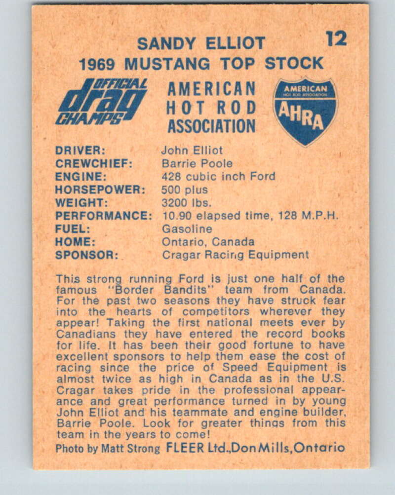 1971 Fleer AHRA Drag Champs #12 Sandy Elliot  V10319