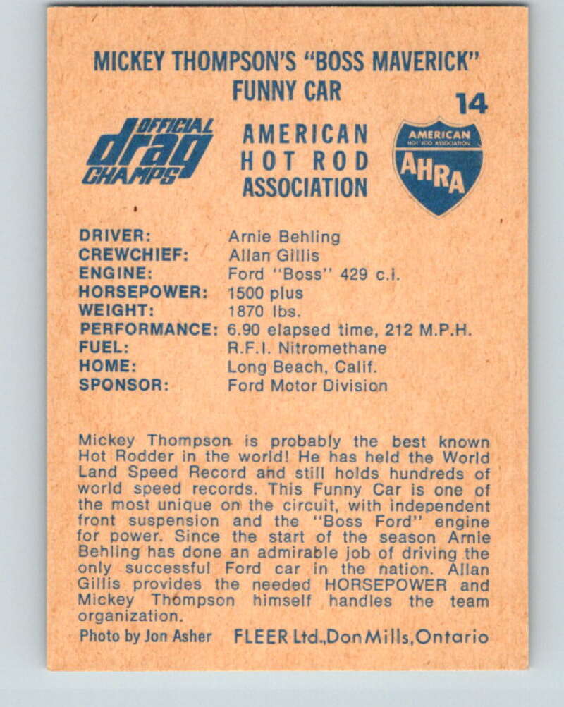 1971 Fleer AHRA Drag Champs #14 Mickey Thompsons  V10321