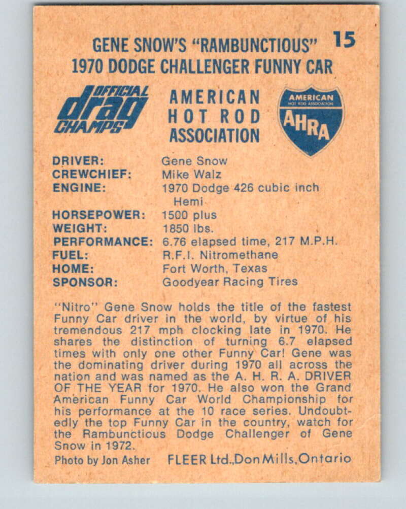 1971 Fleer AHRA Drag Champs #15 Gene Snows Rambunctious  V10322