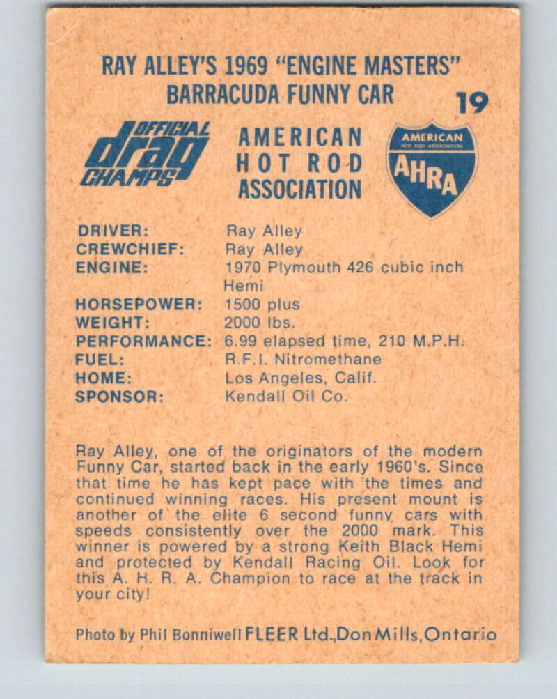 1971 Fleer AHRA Drag Champs #19 Ray Alleys 1969 Masters  V10323