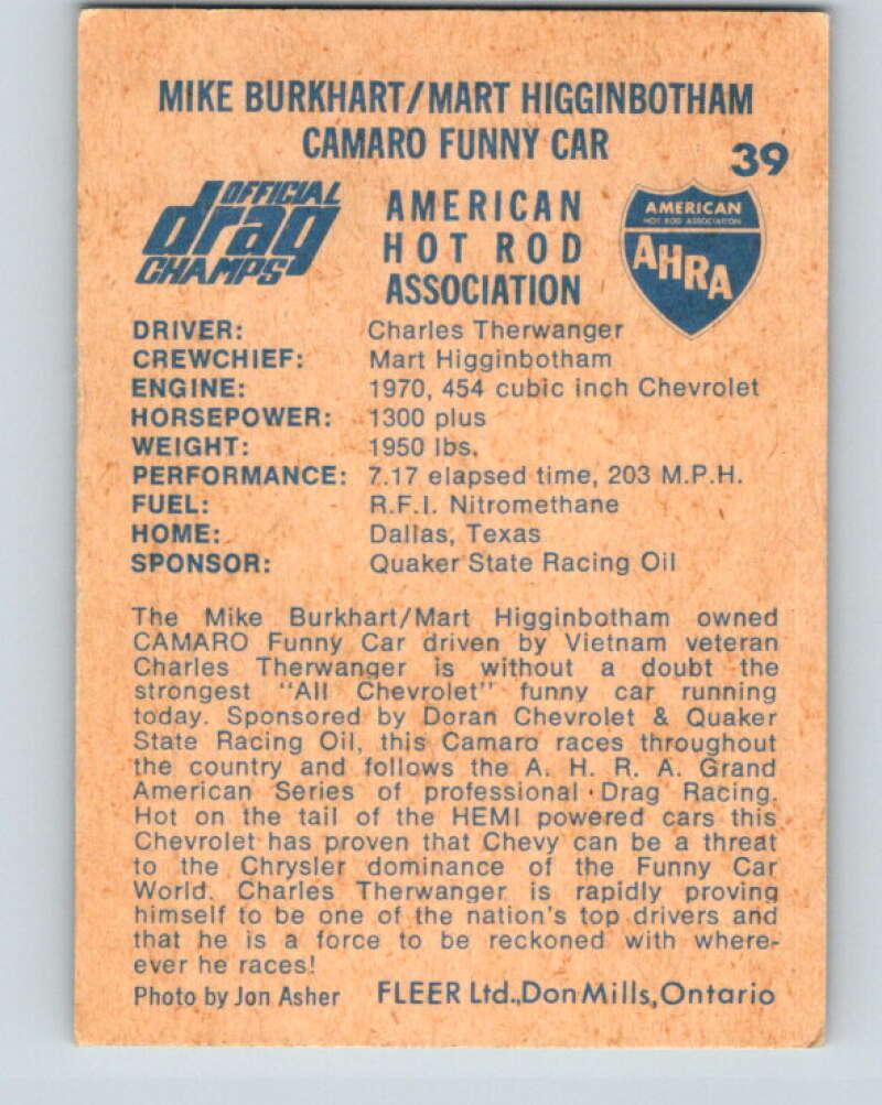 1971 Fleer AHRA Drag Champs #39 Mike Burkhart/Higginbotham  V10324