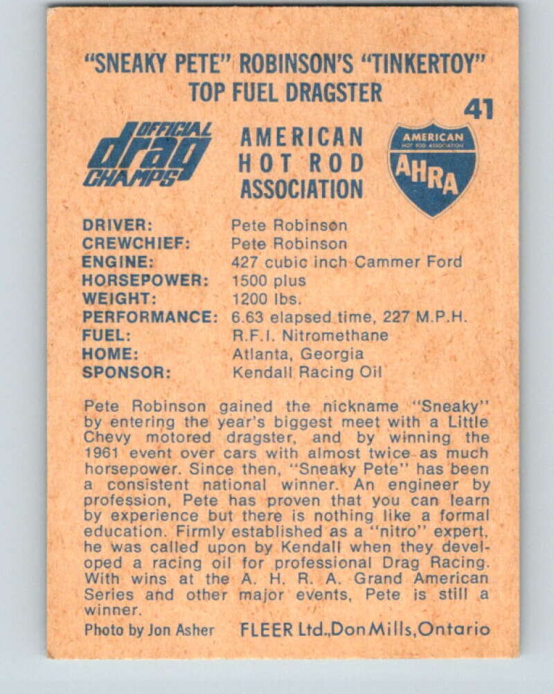 1971 Fleer AHRA Drag Champs #41  Snaeky Pete Robinsons  V10325