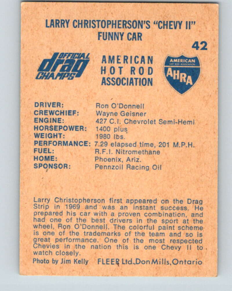 1971 Fleer AHRA Drag Champs #42 Larry Christophersons  V10326