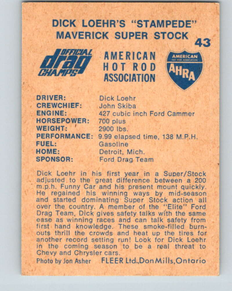 1971 Fleer AHRA Drag Champs #43 Dick Loehrs Stampede  V10327