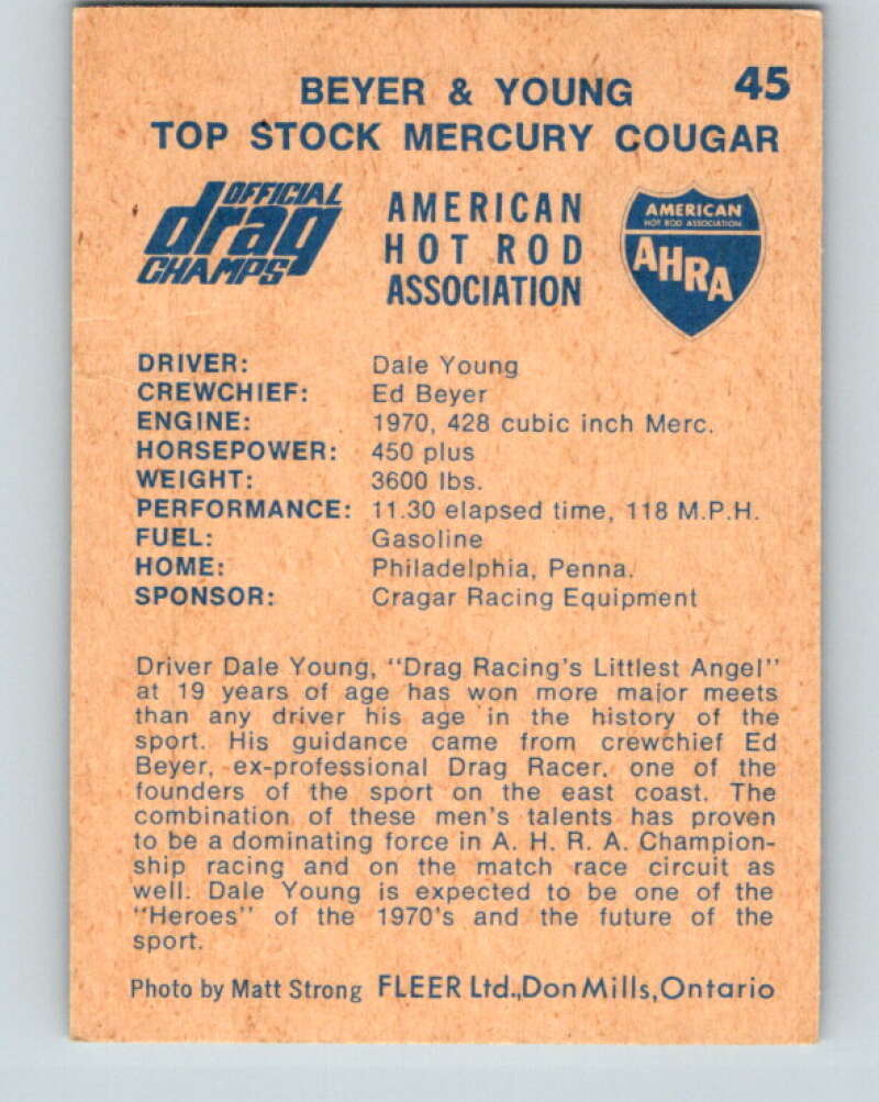 1971 Fleer AHRA Drag Champs #45 Beyer & Young  V10328