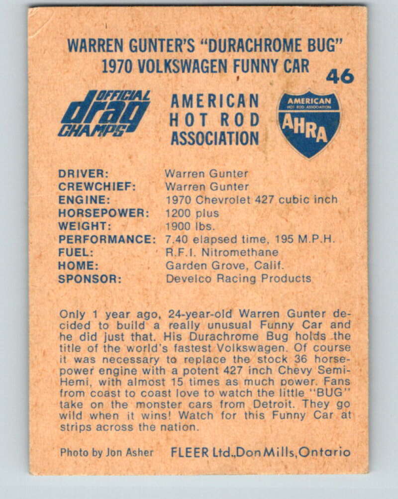1971 Fleer AHRA Drag Champs #46 Warren Gunters Bug  V10329