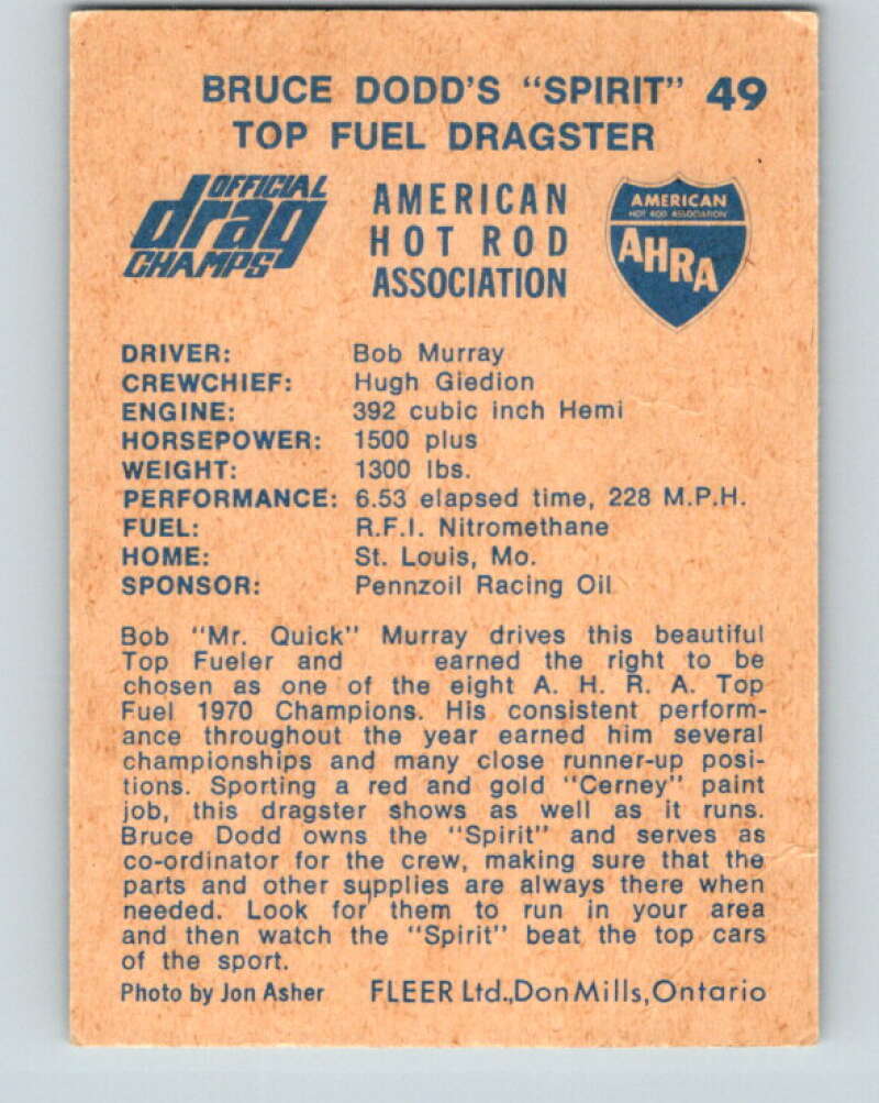 1971 Fleer AHRA Drag Champs #49 Bruce Dodds Spirit  V10333