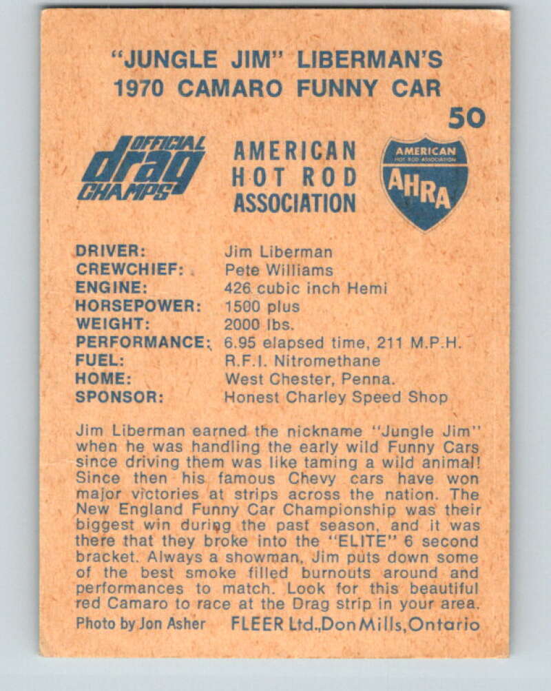1971 Fleer AHRA Drag Champs #50 Jungle Jim Libermans  V10334