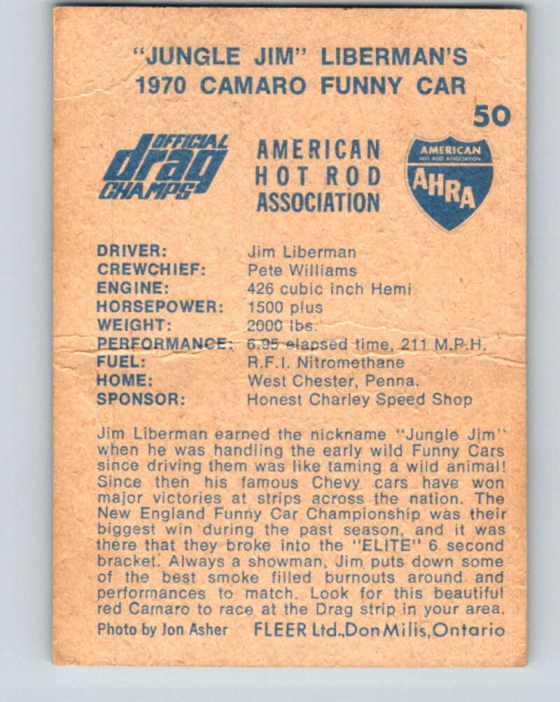 1971 Fleer AHRA Drag Champs #50 Jungle Jim Libermans  V10335