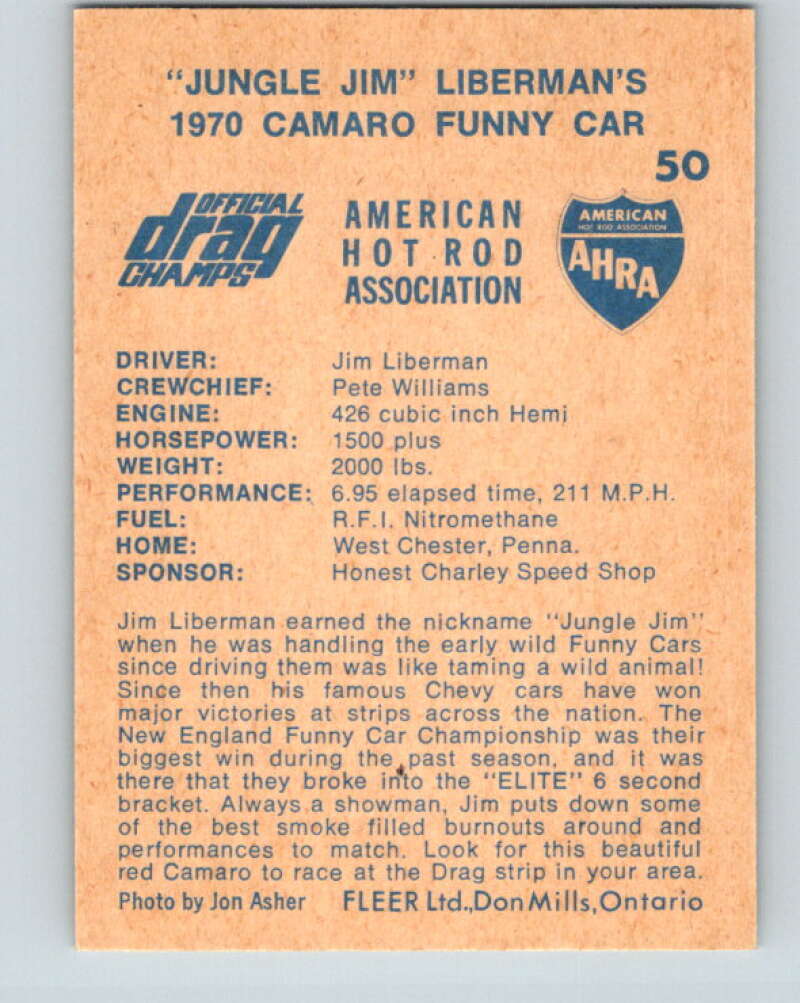 1971 Fleer AHRA Drag Champs #50 Jungle Jim Libermans  V10336