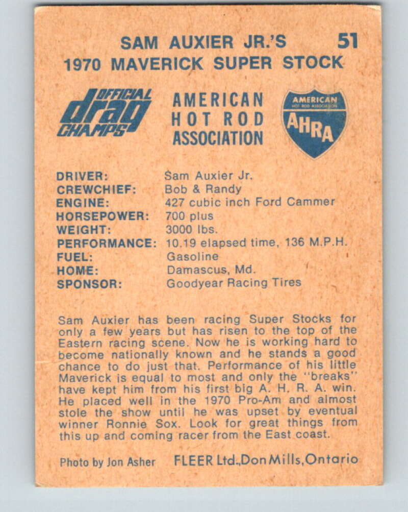1971 Fleer AHRA Drag Champs #51 Sam Auxier Jr.s  V10337