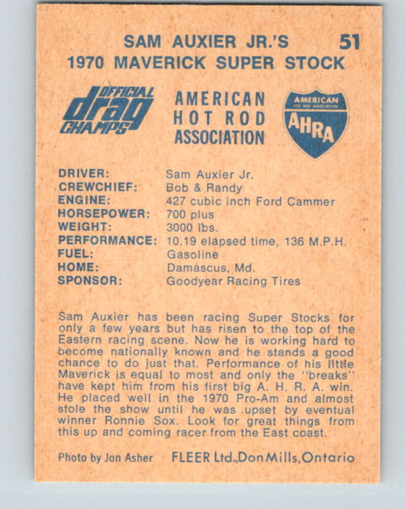 1971 Fleer AHRA Drag Champs #51 Sam Auxier Jr.s  V10338