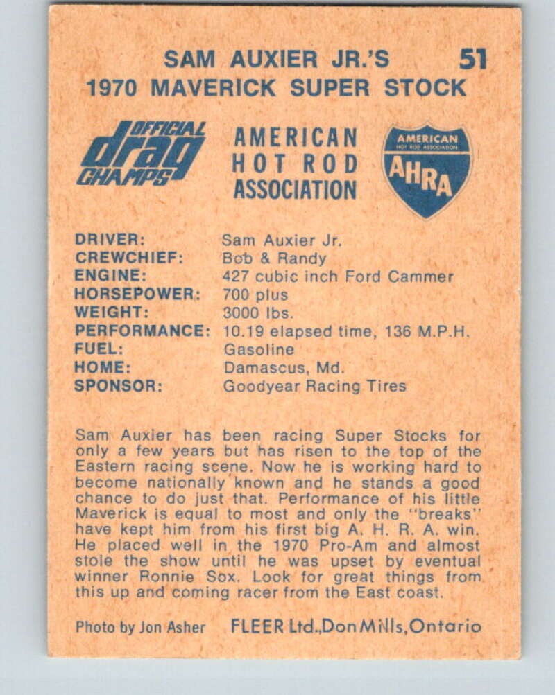 1971 Fleer AHRA Drag Champs #51 Sam Auxier Jr.s  V10339