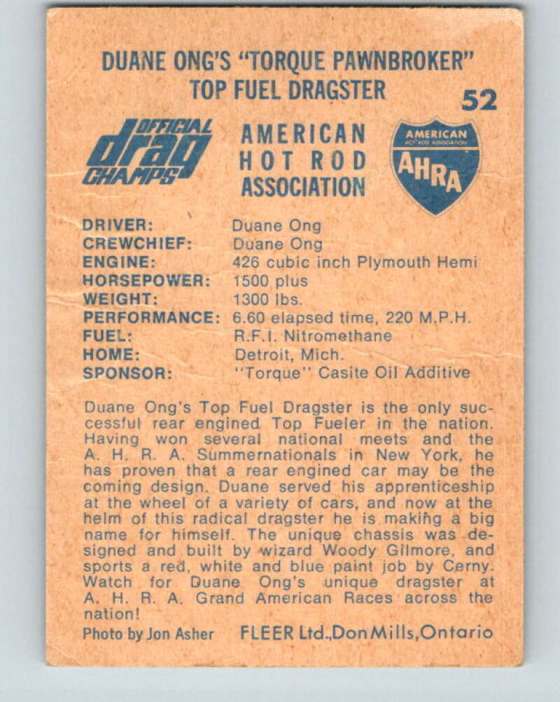 1971 Fleer AHRA Drag Champs #52 Duane Ongs Pawnbroker  V10340
