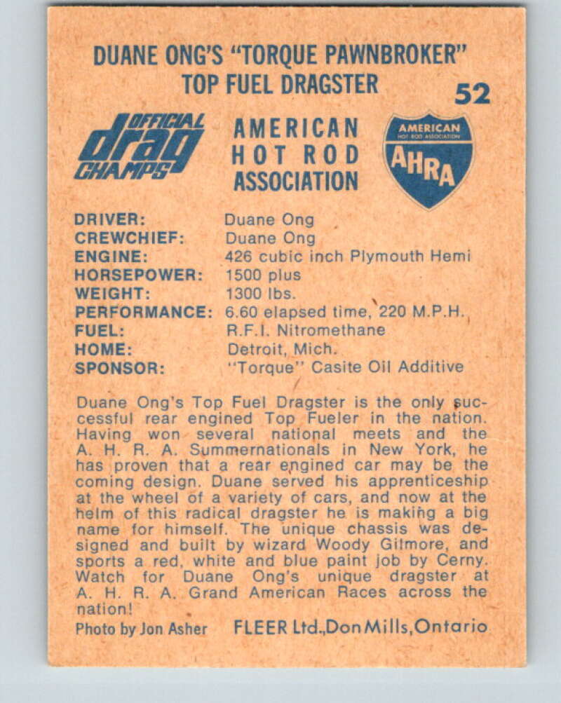 1971 Fleer AHRA Drag Champs #52 Duane Ongs Pawnbroker  V10341