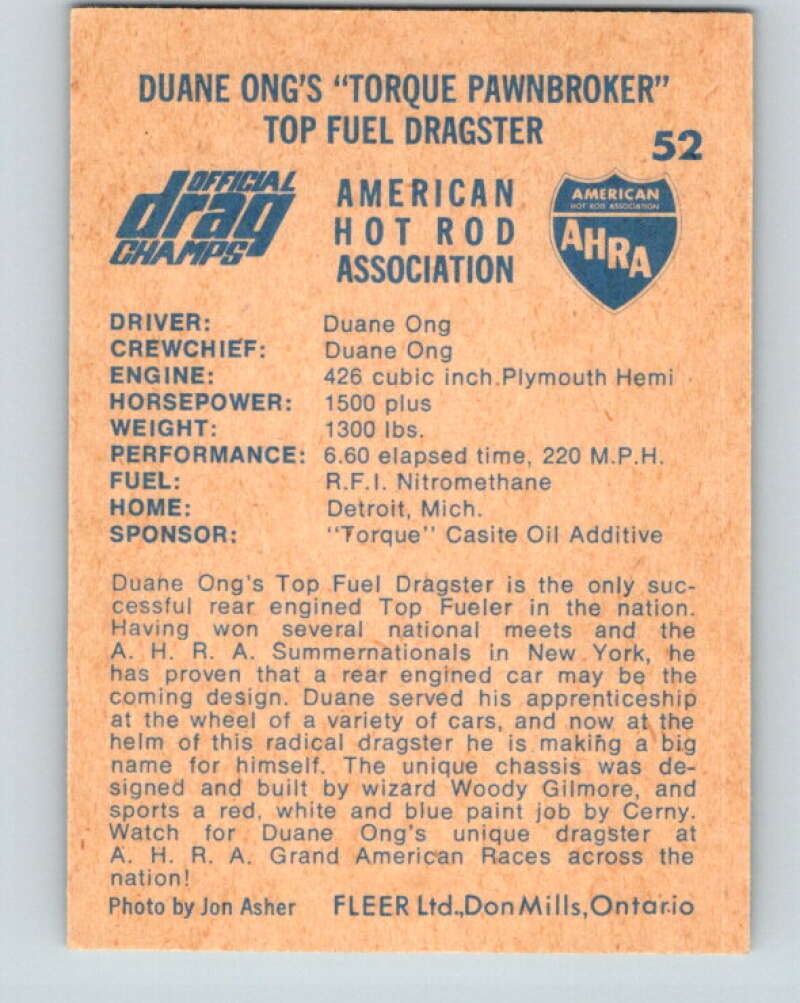 1971 Fleer AHRA Drag Champs #52 Duane Ongs Pawnbroker  V10342