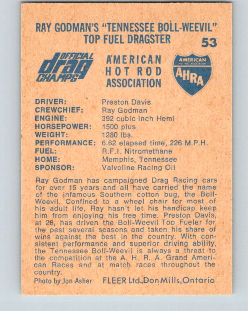 1971 Fleer AHRA Drag Champs #53 Ray Godmans Boll-Weevil  V10344