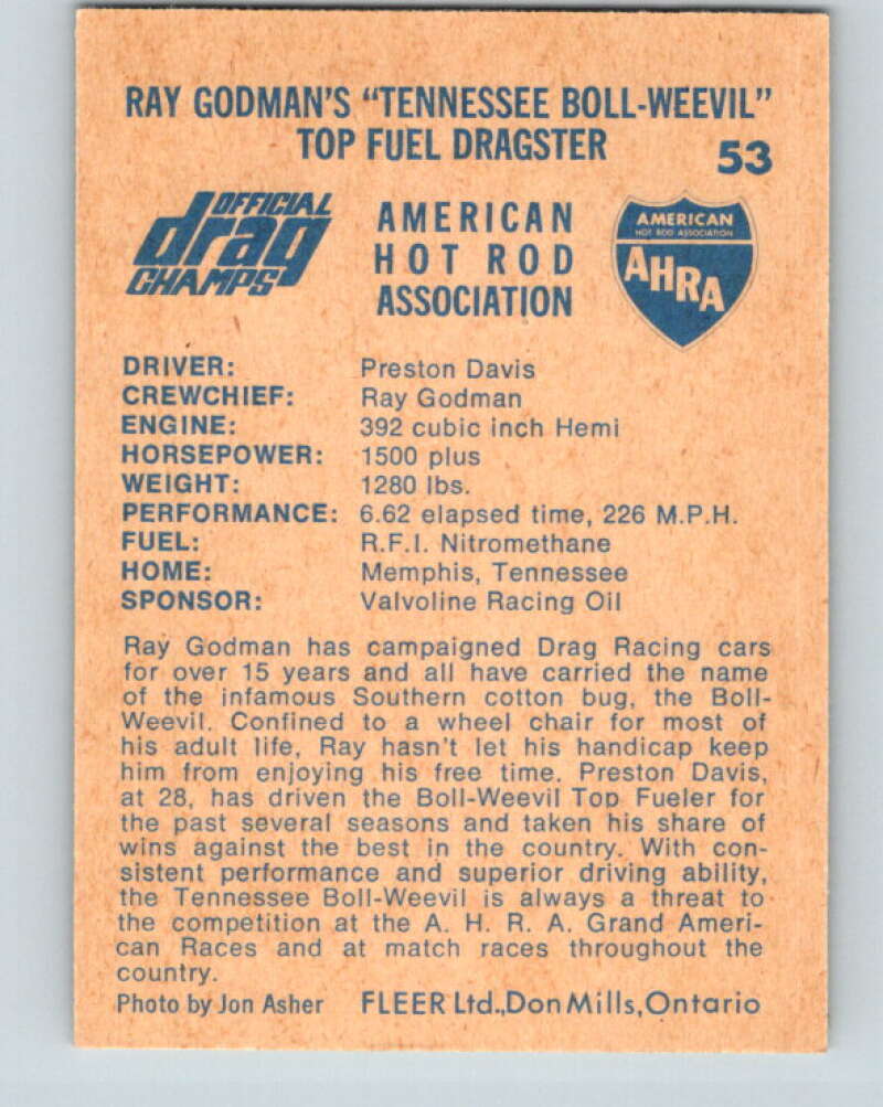 1971 Fleer AHRA Drag Champs #53 Ray Godmans Boll-Weevil  V10345