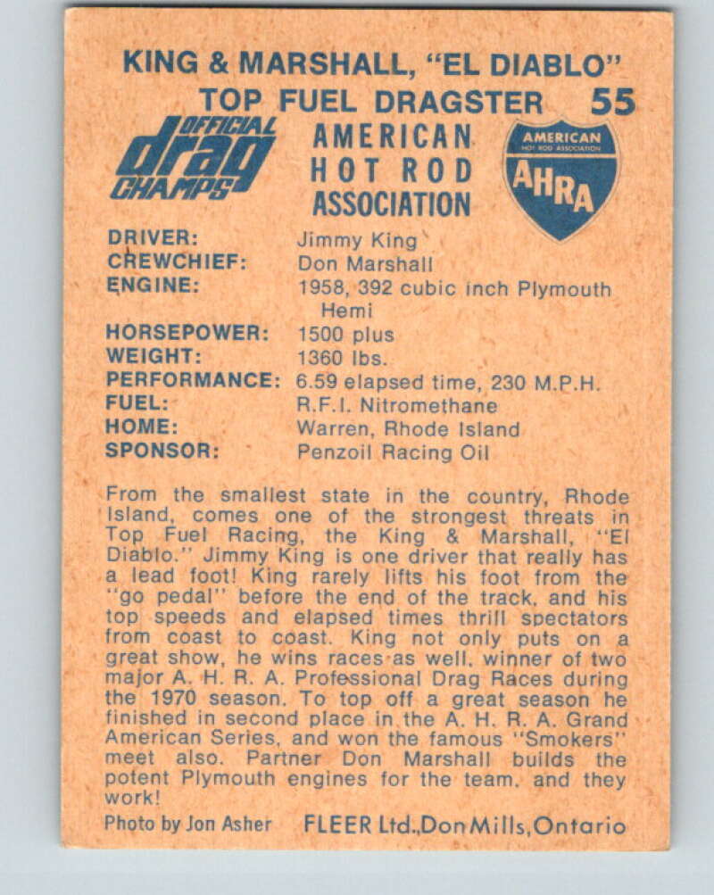 1971 Fleer AHRA Drag Champs #55 King & Marshall  V10348