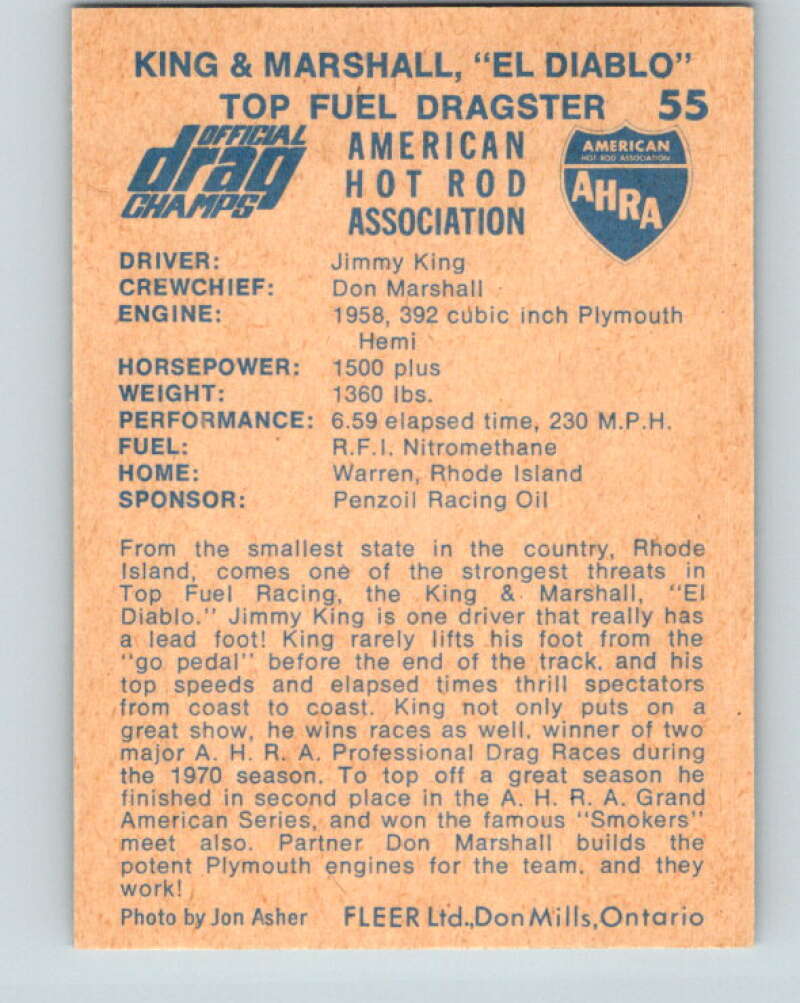 1971 Fleer AHRA Drag Champs #55 King & Marshall  V10349