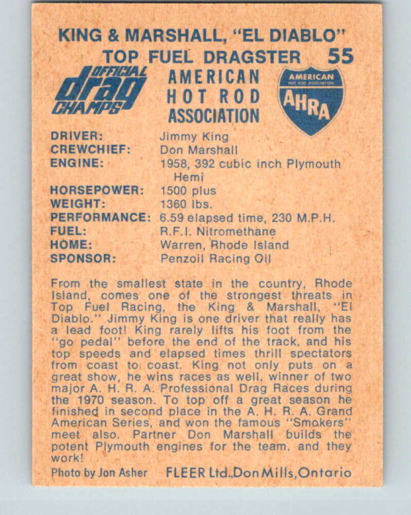 1971 Fleer AHRA Drag Champs #55 King & Marshall  V10350