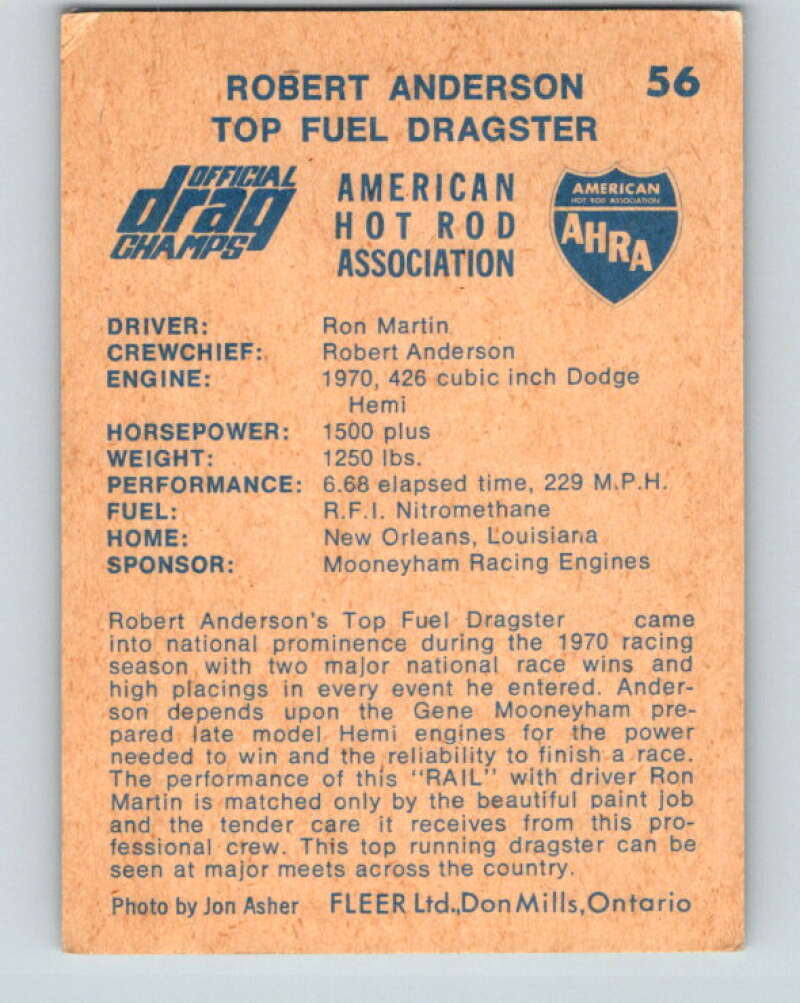 1971 Fleer AHRA Drag Champs #56 Robert Anderson  V10351