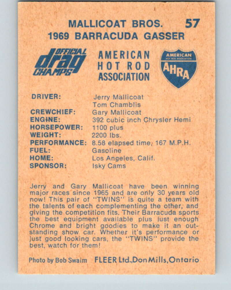 1971 Fleer AHRA Drag Champs #57 Mallicoat Bros.  V10353