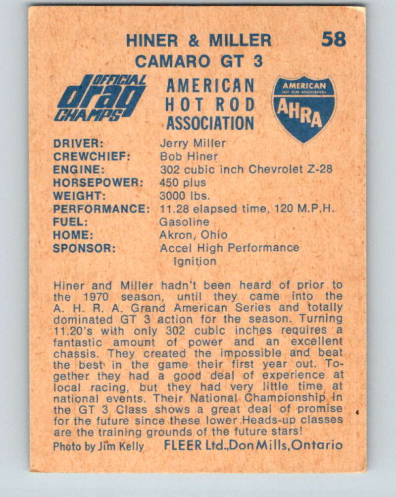 1971 Fleer AHRA Drag Champs #58 Hiner & Miller  V10355