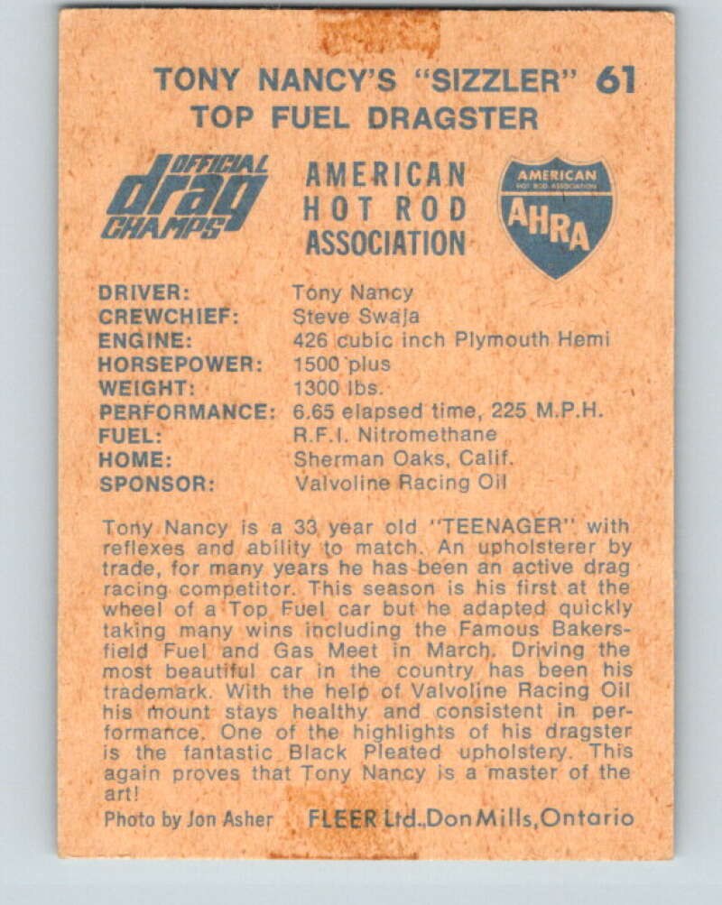 1971 Fleer AHRA Drag Champs #61 Tony Nancys Sizzler  V10357