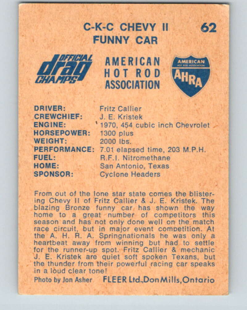 1971 Fleer AHRA Drag Champs #62 C-K-C Checy II  V10358