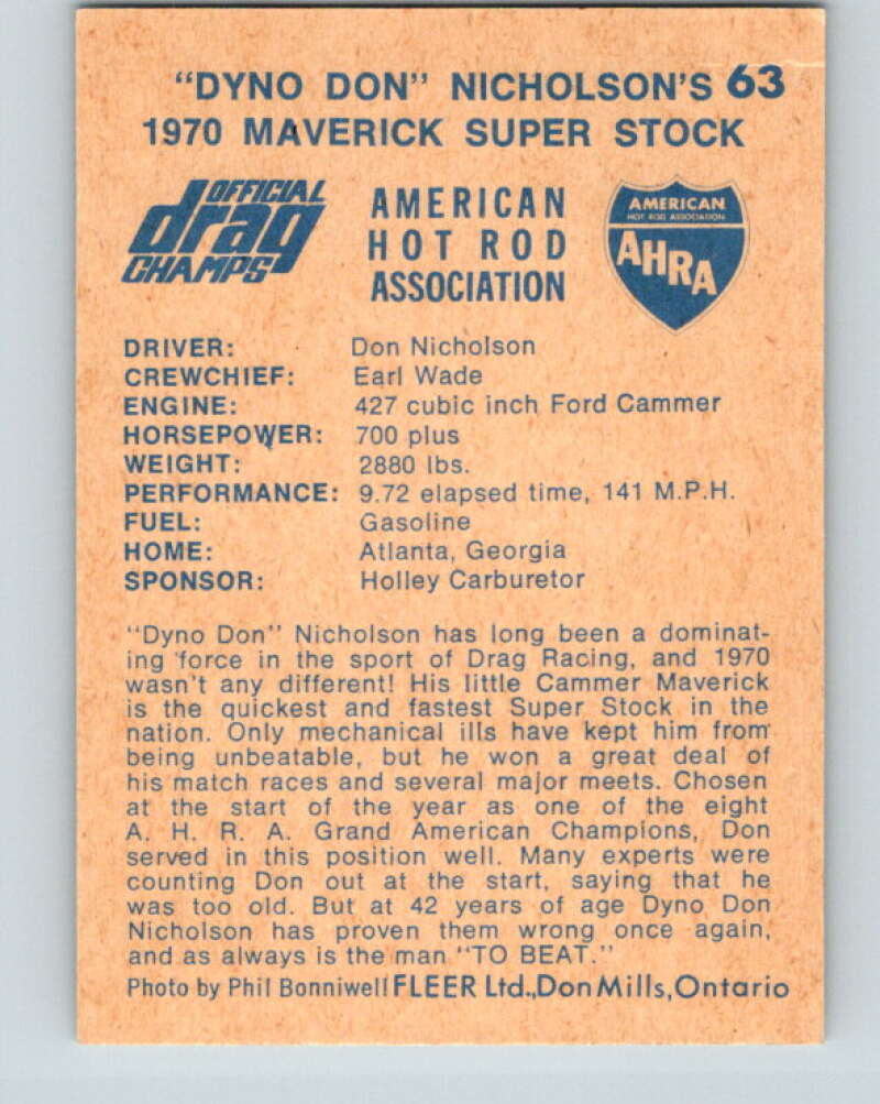 1971 Fleer AHRA Drag Champs #63 Dyno Don Nicholsons  V10360