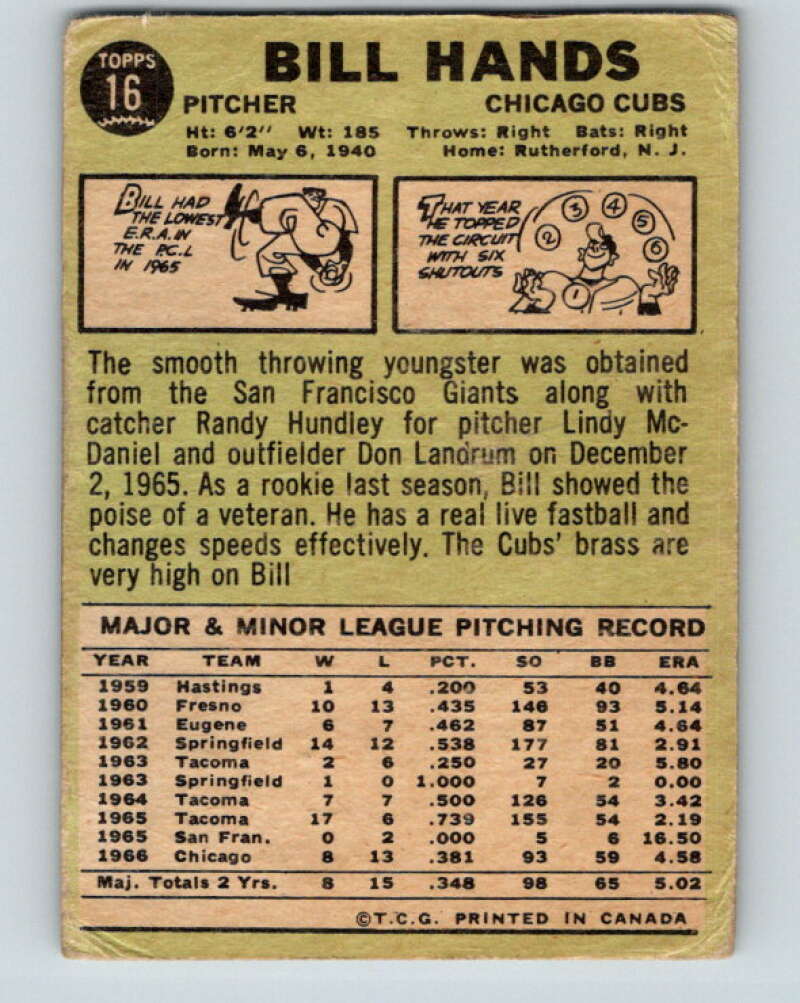 1967 Topps #16 Bill Hands See Scans Chicago Cubs� V10444