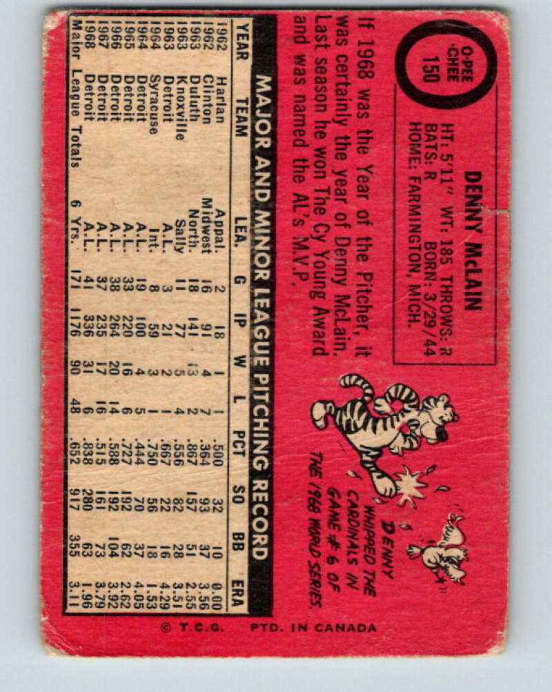 1969 O-Pee-Chee MLB #150 Denny McLain  Detroit Tigers� V10478