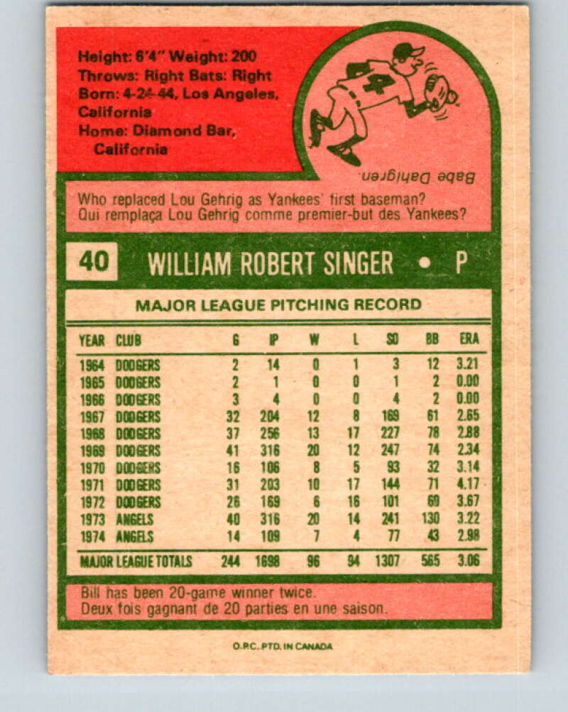 1975 O-Pee-Chee MLB #40 Bill Singer  California Angels  V10562